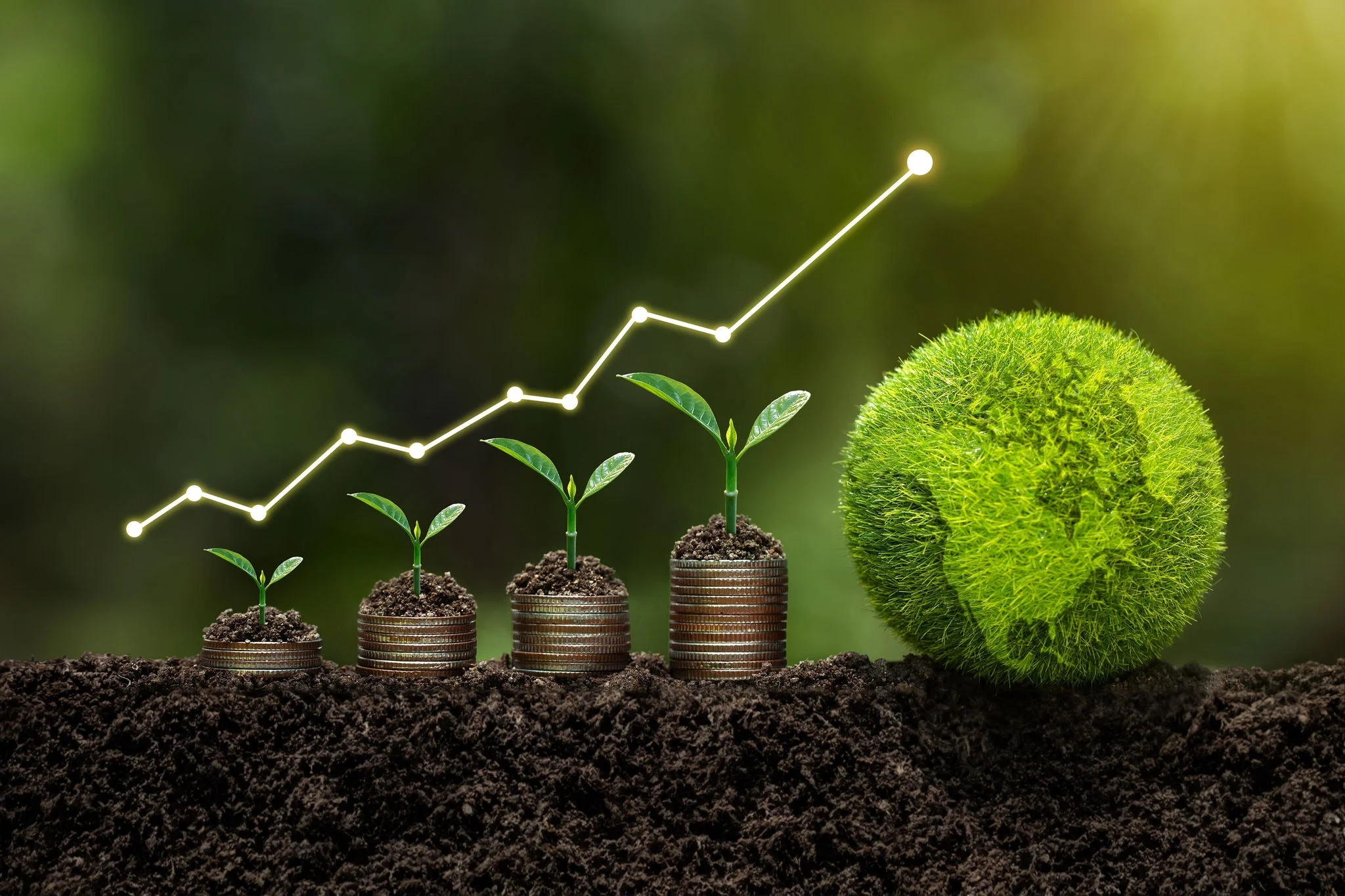 Abstract image of showing plants and money growing larger towards a grass planet with a graph over the top